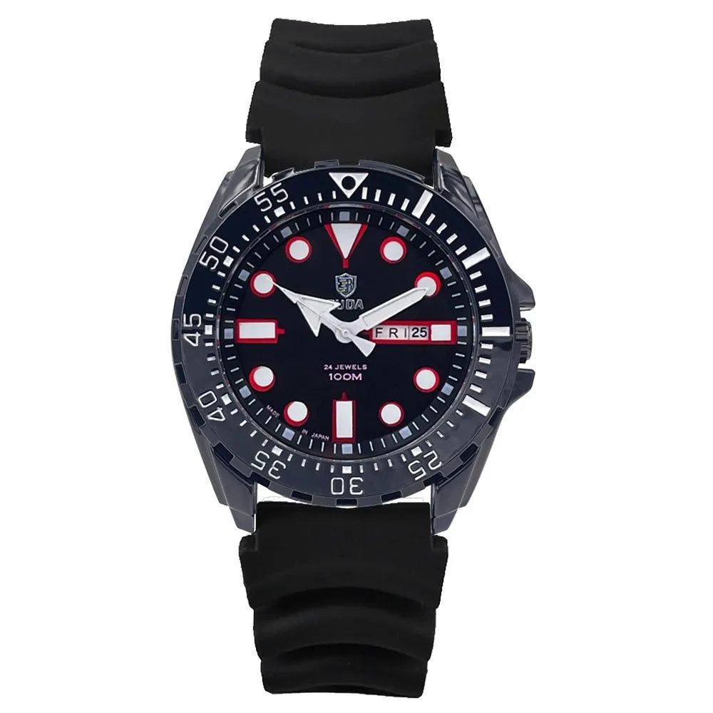Waterproof men's sports watch with luminous quartz movement showing blue dial and steel strap option