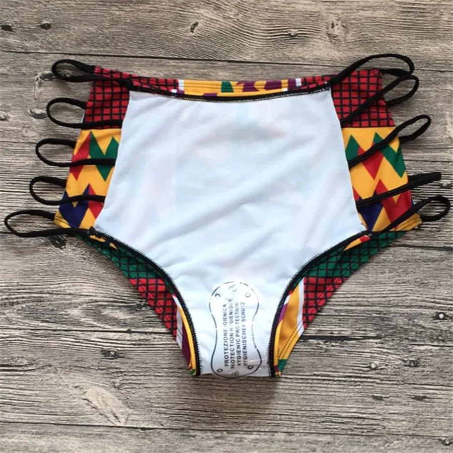 Women's high-waisted backless bikini swimsuit with digital printing, includes top and shorts.