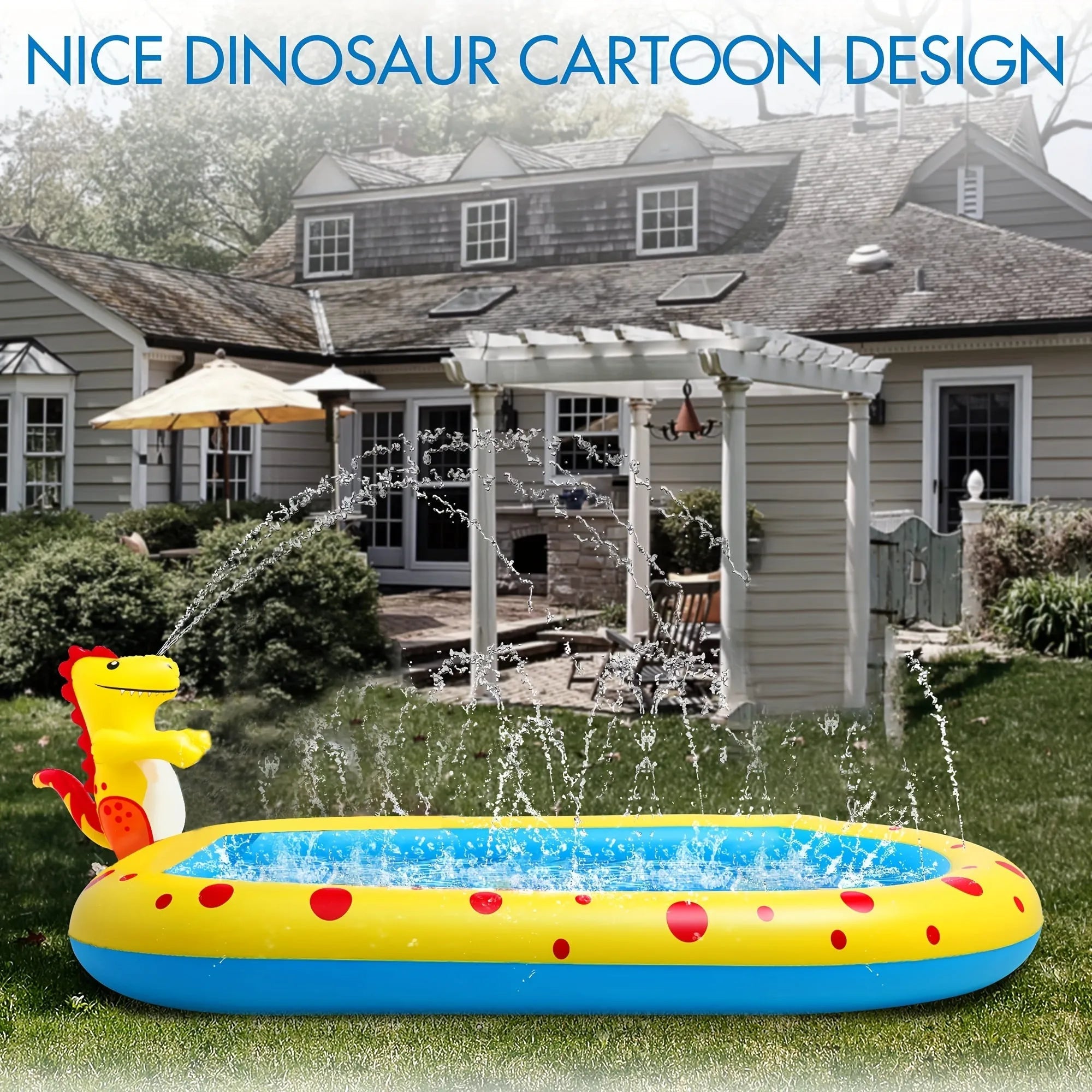 Blue dinosaur-themed water spray pool with shark toy measuring 170cm long for garden play