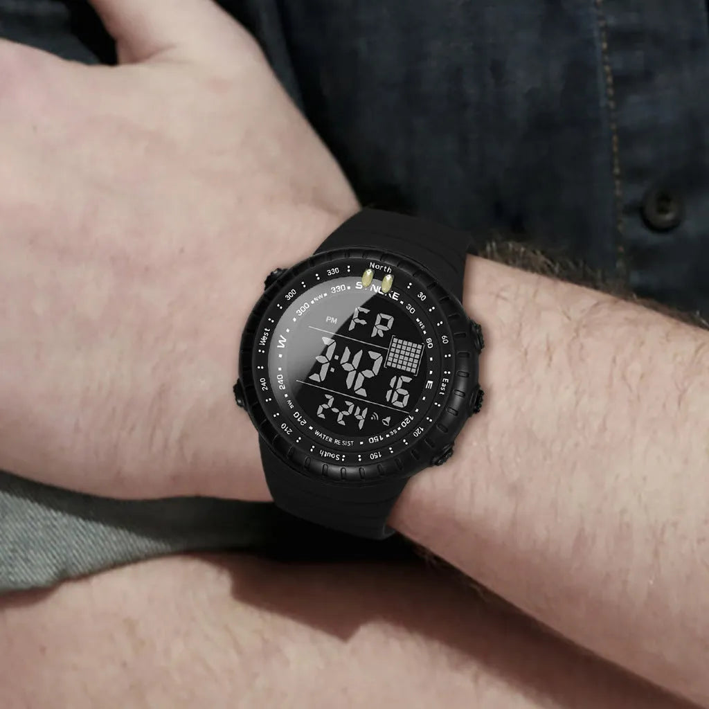 Black waterproof electronic outdoor watch with 54.74mm dial and WR50M water resistance rating