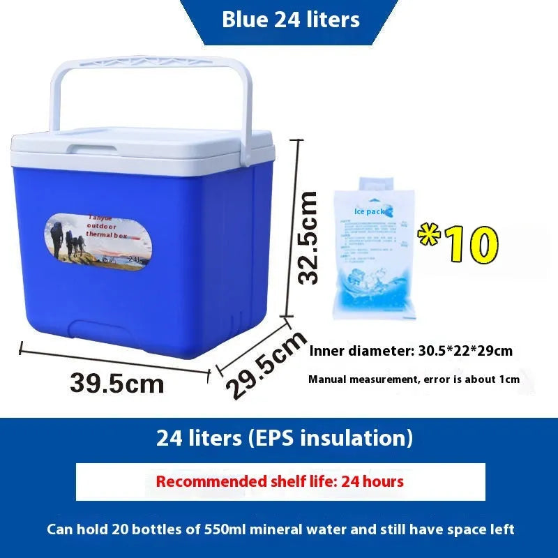 Blue portable insulated cooler box with aluminium foil layer, shown with capacity options from 3.5L to 38L.