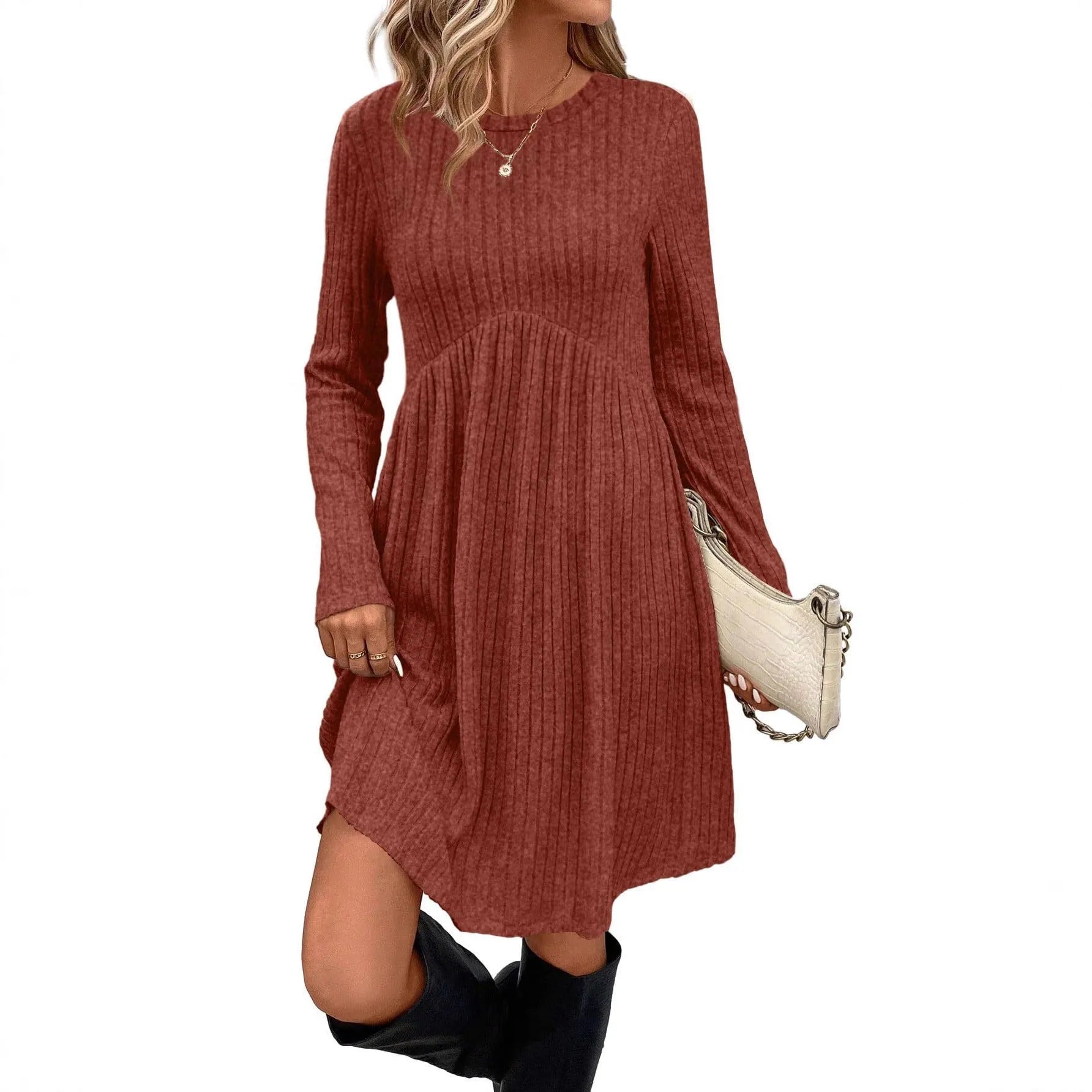 Women's bohemian brushed sunken stripe dress in solid colour, princess mid-length skirt, wide waist, available in multiple colours