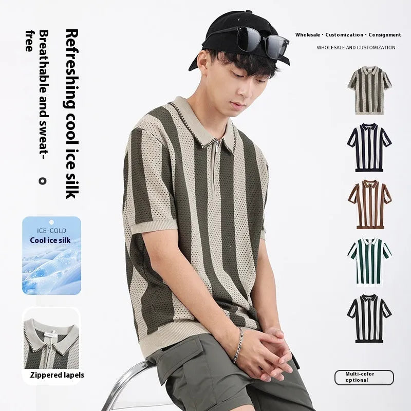 Men's striped ice silk short sleeve summer sweater with zip detail in multiple colour options