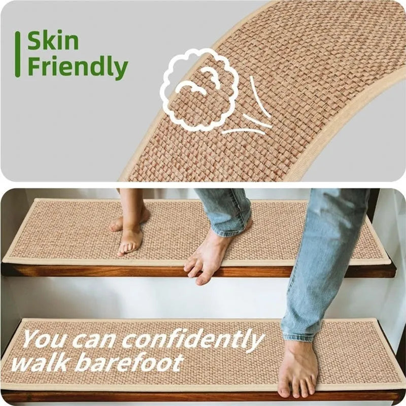 Japanese-style linen stair mat in camel colour with rubber bottom, 20cm by 76cm size