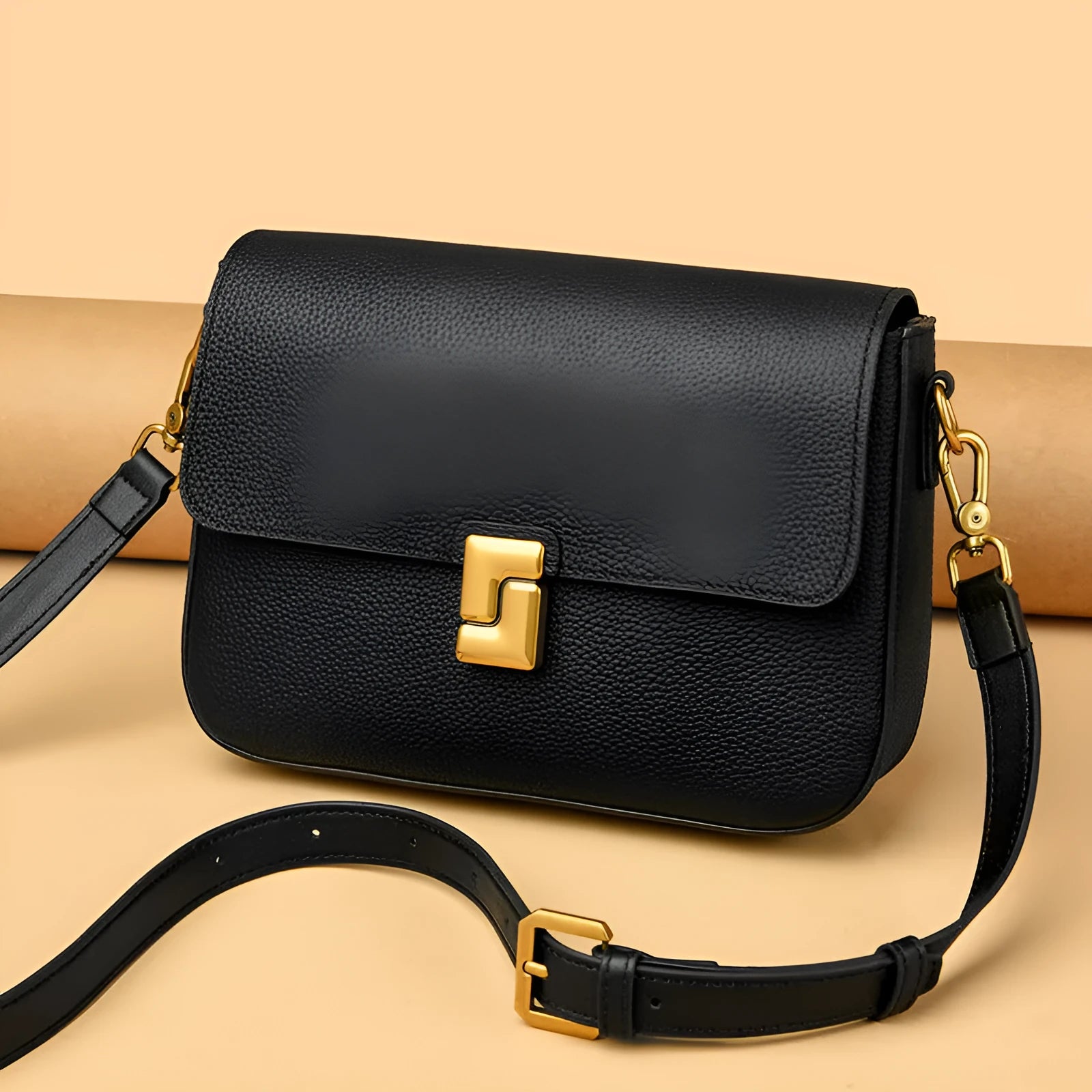Women's genuine cowhide leather messenger retro shoulder bag in horizontal square shape, 24x7x19cm, available in black