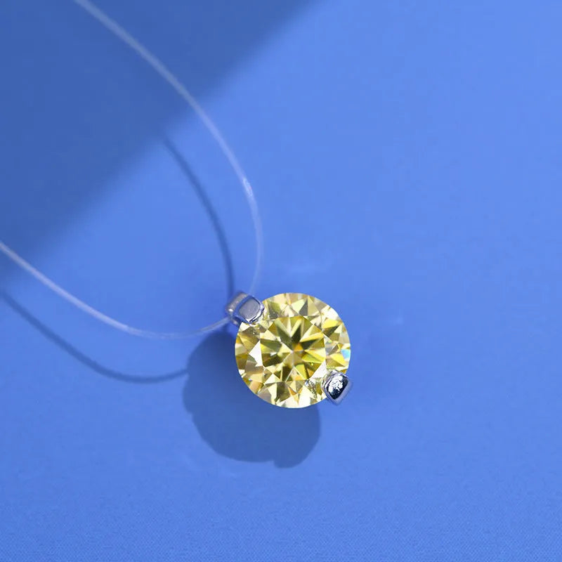 Women's silver moissanite pendant necklace on invisible fishing line with plum blossom design