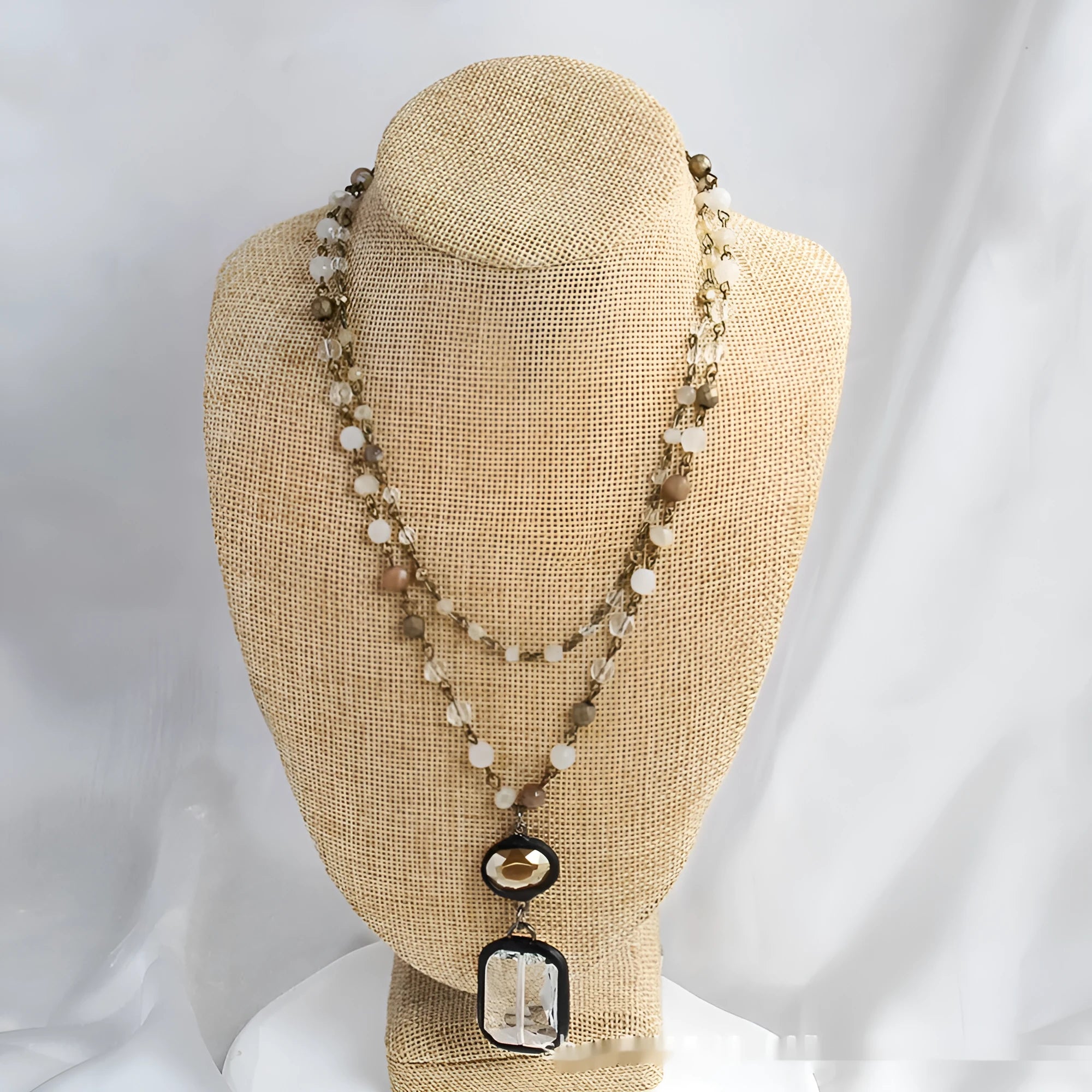 Two-layer tribal necklace with glass pendant and natural stones on adjustable 31-40cm chain