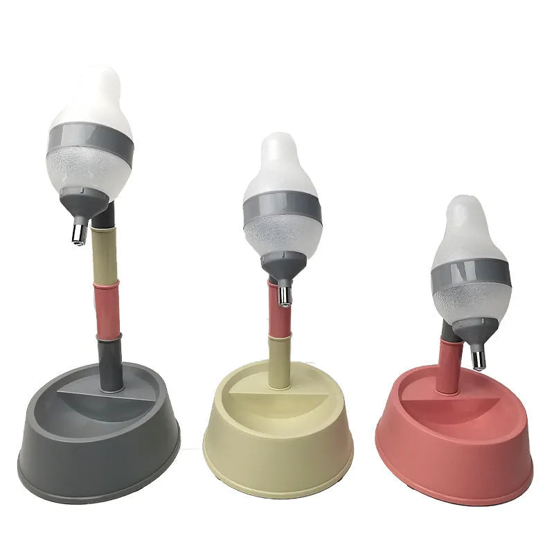 Green adjustable pet water dispenser showing height adjustment bars and ball-tip drinking nozzle