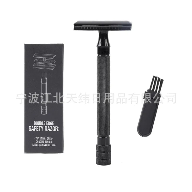 Traditional manual shaving razor and brush combination set in metal construction