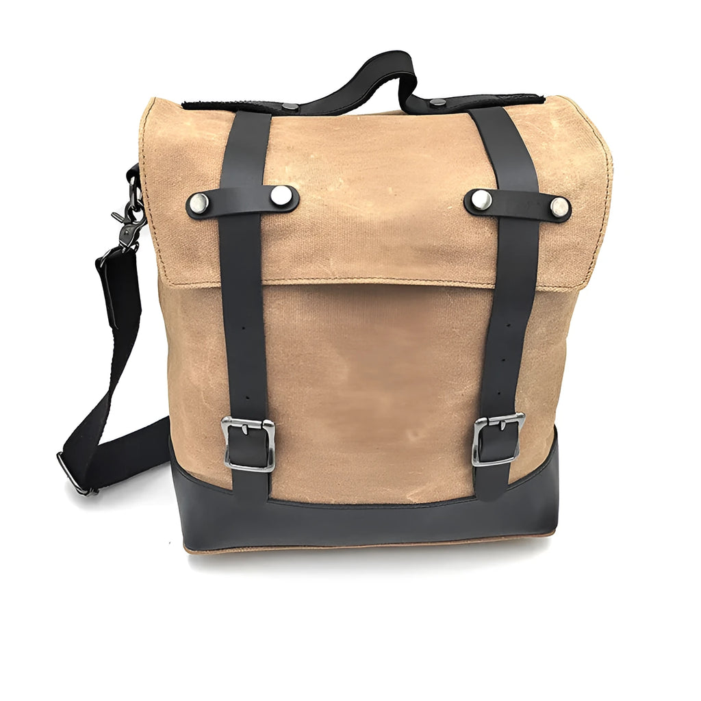 Waterproof canvas motorcycle side bag with cowhide reinforcement showing dimensions and colour options