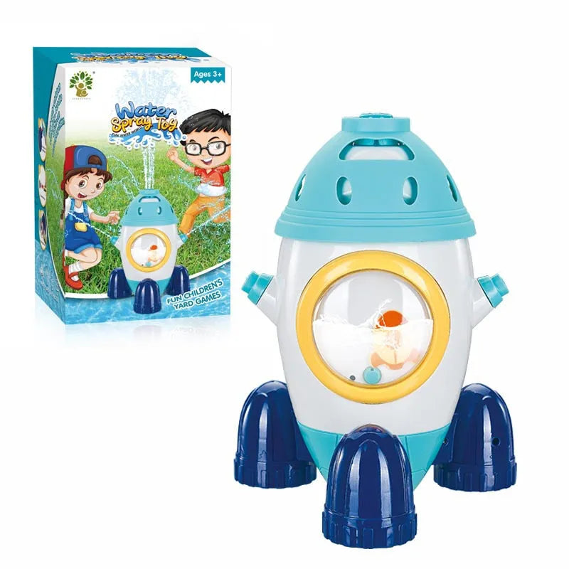 Cactus-shaped outdoor water sprinkler toy for kids on green grass with water spray