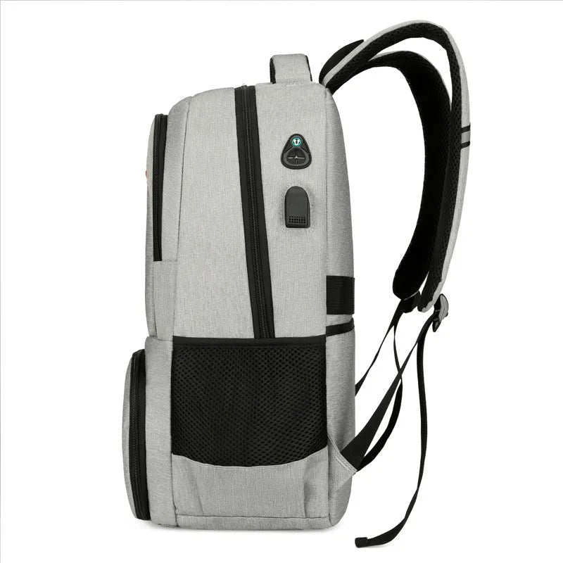 Oxford cloth insulated picnic backpack with curved straps, shown in light grey colour with pull rod belt attached.