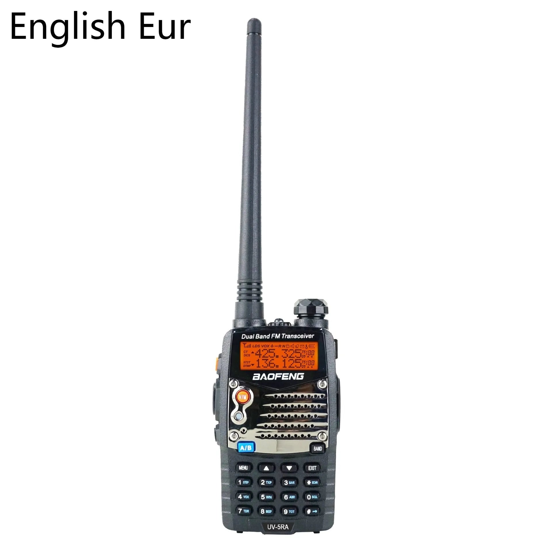 Baofeng UV-5RA dual-band handheld radio with dual display, high-power specification, and multiple headset configuration options