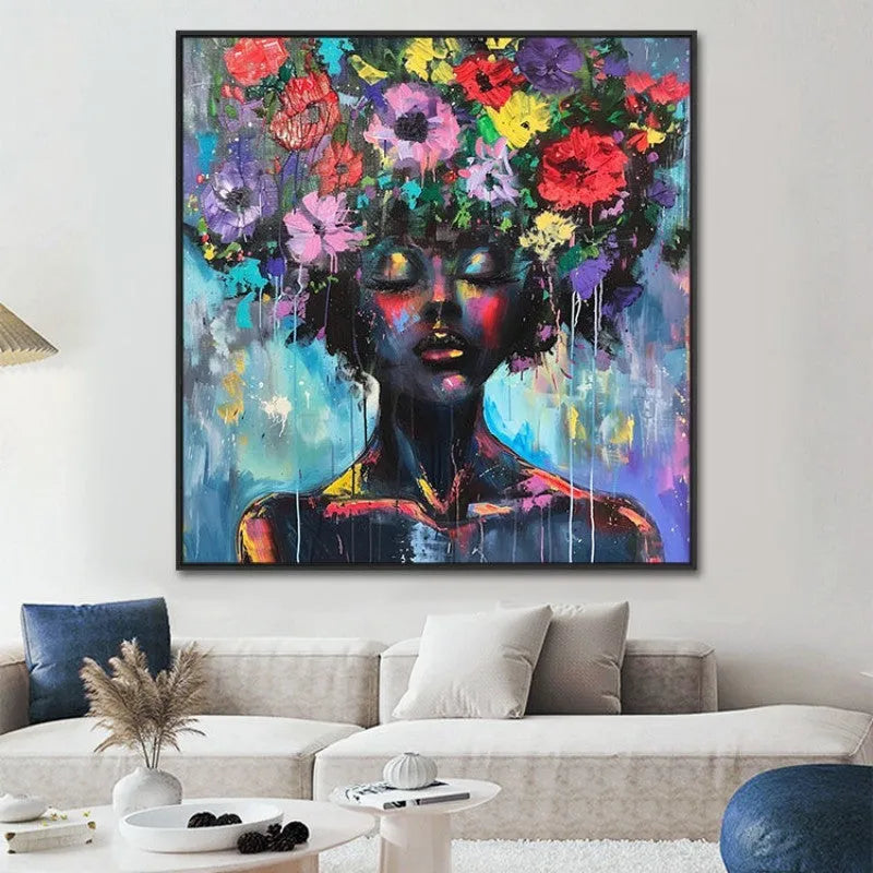 Hand painted oil painting square canvas woman portrait mystical floral modern wall art 100cm available sizes 50cm to 120cm