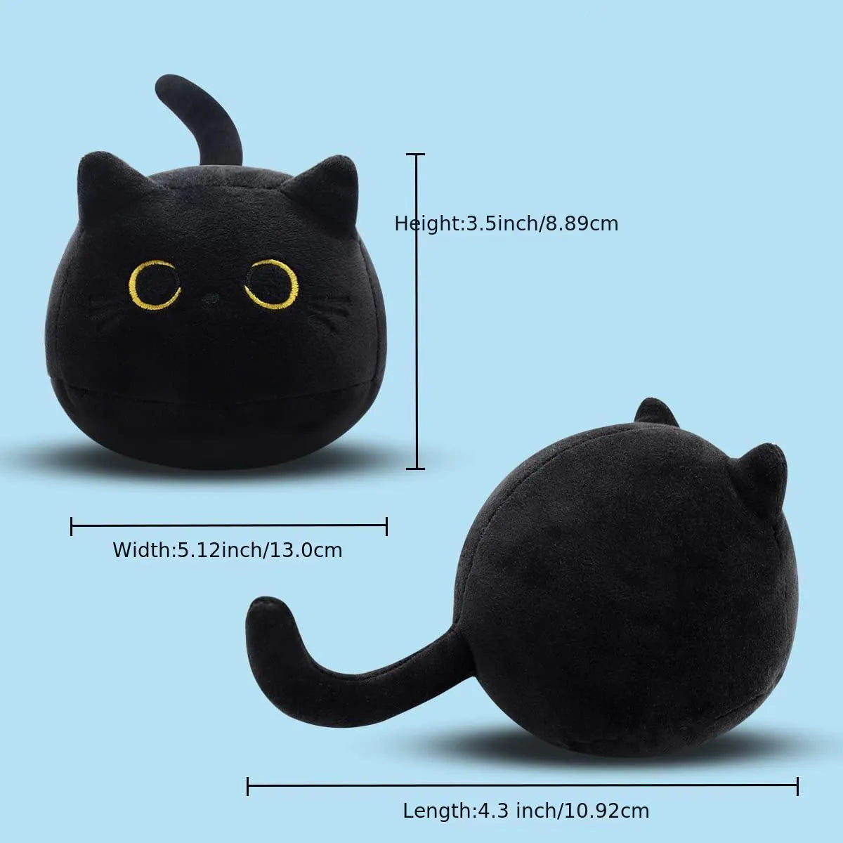 Fluffy black cartoon cat plush toy, 28cm tall, on a neutral background.
