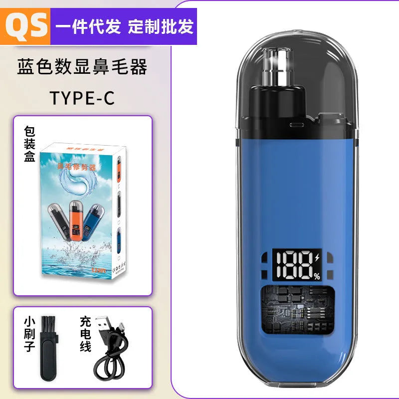 Rechargeable nose hair trimmer with digital display in black, blue, or orange colours