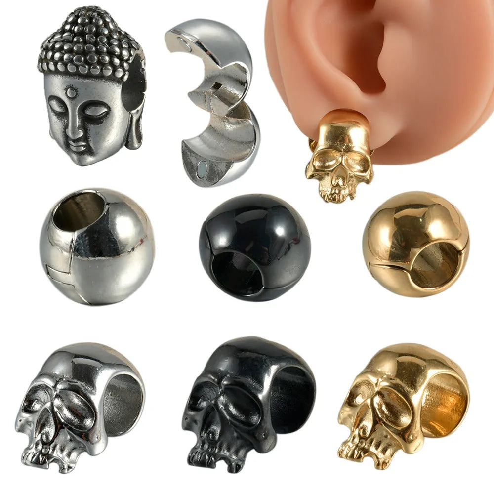 Stainless steel hollow skull Buddha earrings showing four colour finishes on geometry design