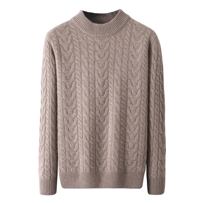 Men's wool sweater with half turtleneck and cable knit, thick yarn pullover in beige on a plain background