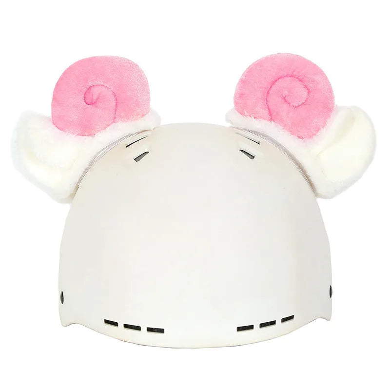 A plush fabric cartoon helmet cover set for adults, showing character designs like a bear and dinosaur for cosplay.