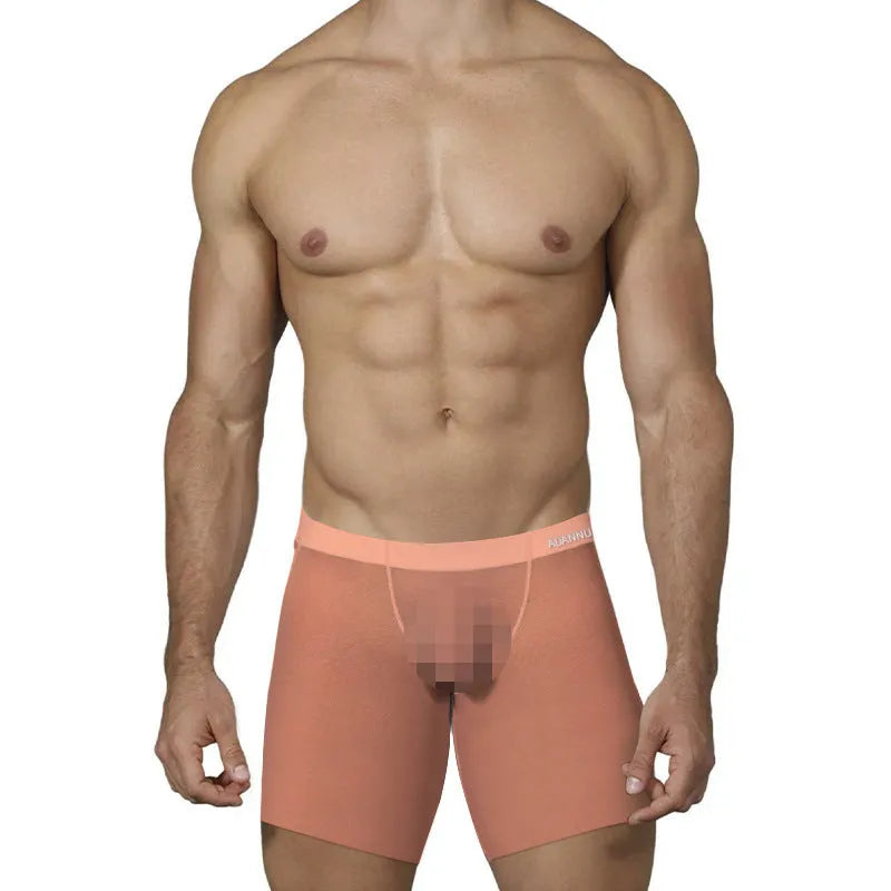 Men's ice silk boxer shorts in orange, pink, and red colours with low-waist design