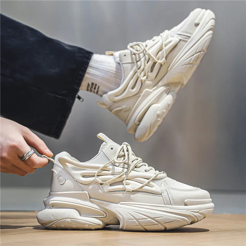 Men's beige mesh sneakers with round toe design and lace-up front fastening