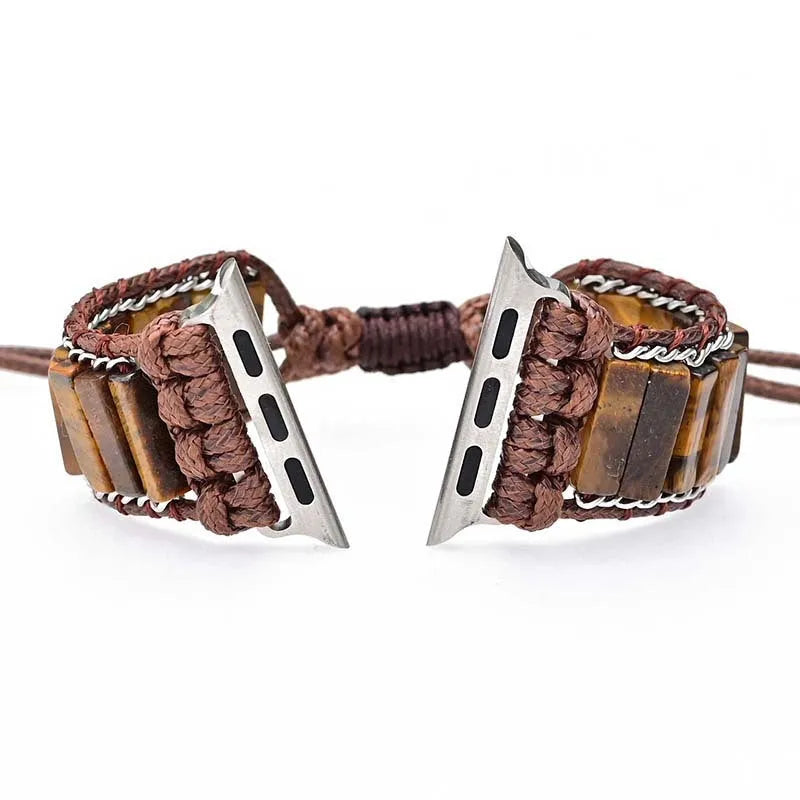 Men's adjustable textile watch strap with rectangular tiger eye stone, showing bohemian design and clasp detail.