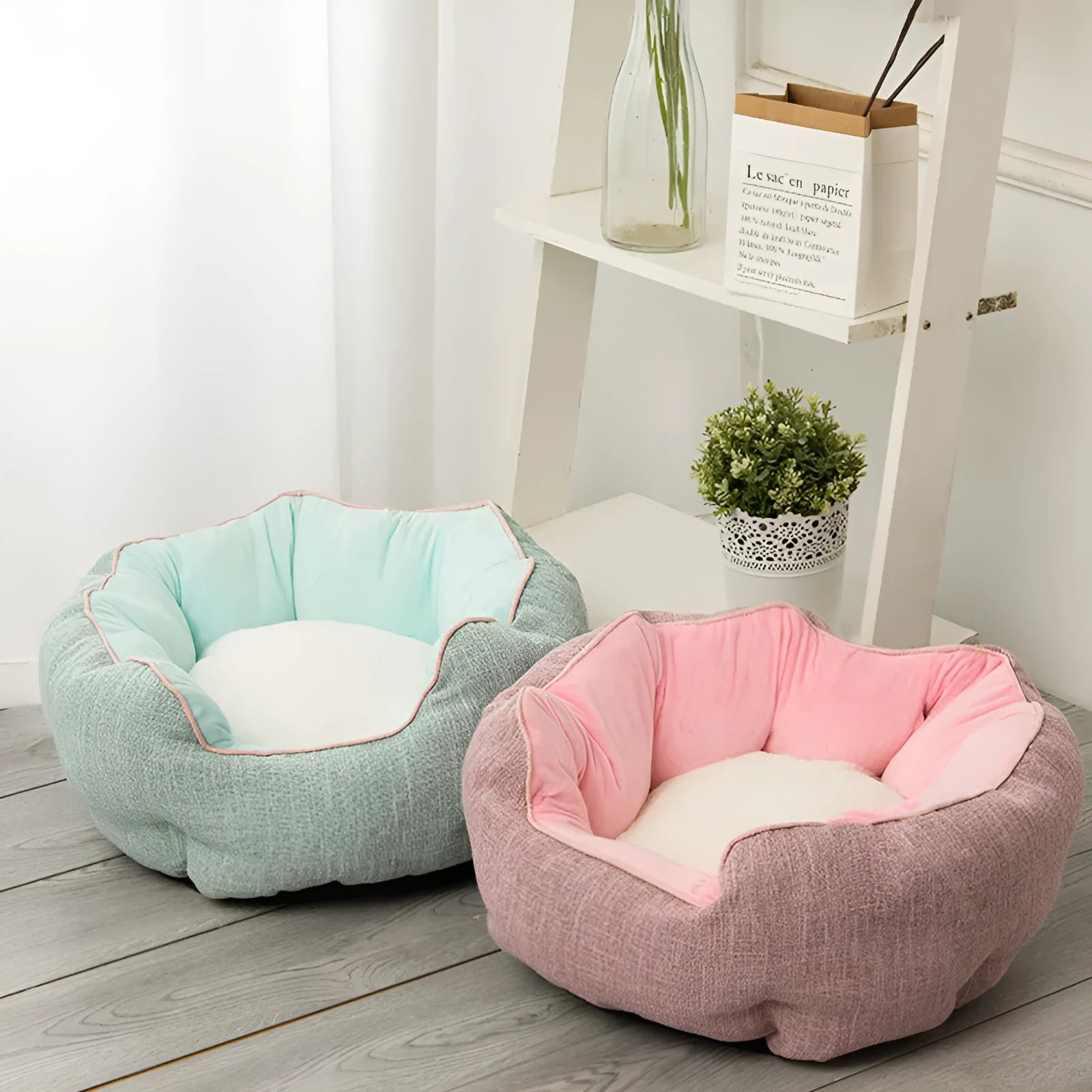 Blue octagonal pet bed with removable mats for small dogs and cats