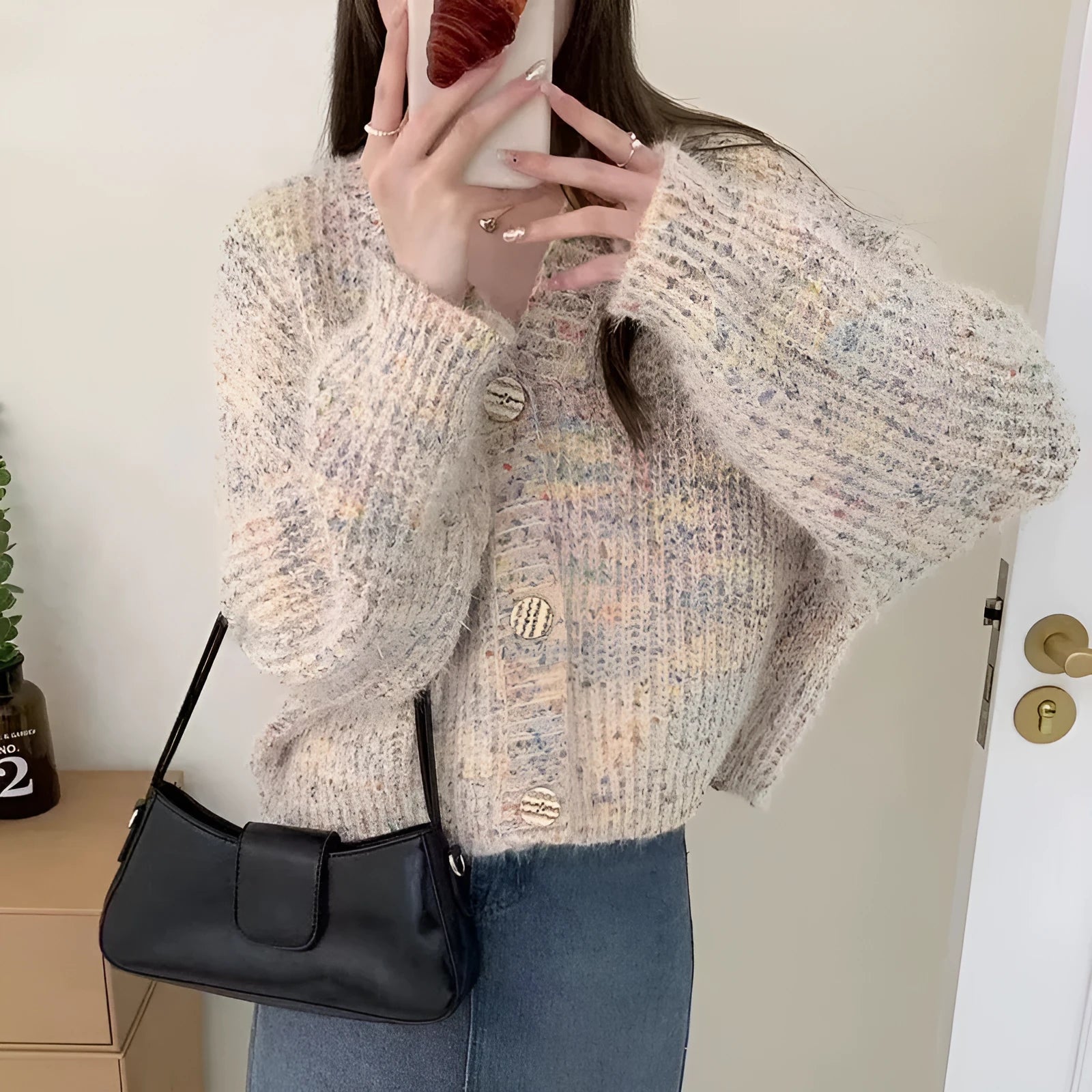 Vintage coloured dot short loose knitted cardigan sweater in purple black beige polyester long sleeve free size