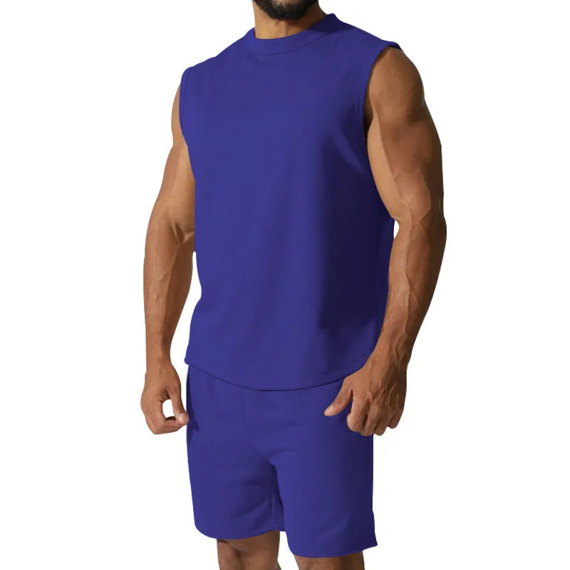 Men's sleeveless cotton blend sports top and matching shorts casual set in army green.