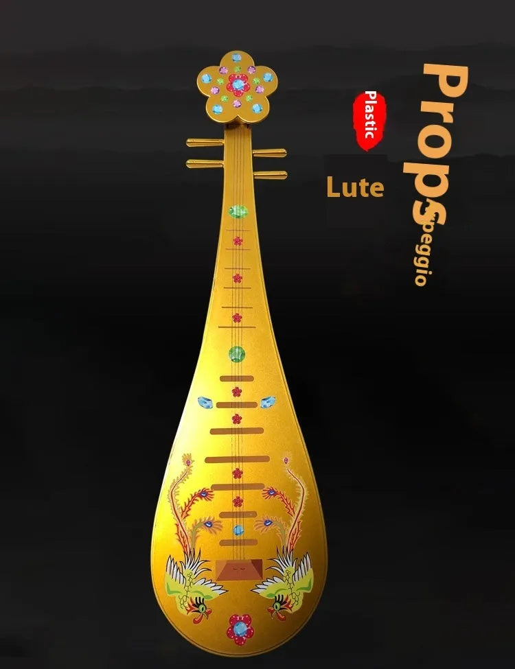 Golden Double Phoenix plastic simulation pipa prop 64.5cm long with handmade stickers and sound capability