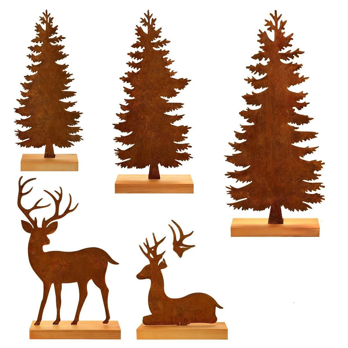 Set of three rustic iron Christmas tree and elk ornaments for holiday decor.