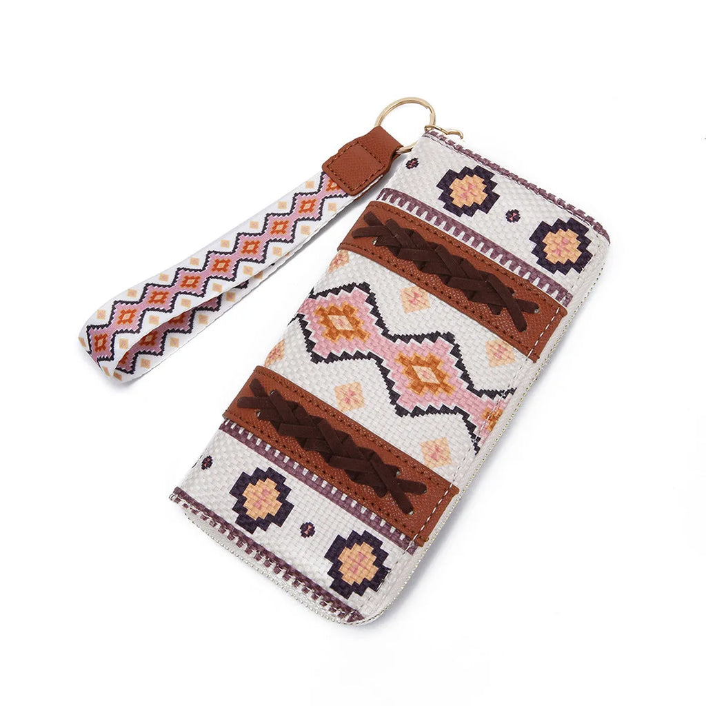 Vintage cotton and linen printed bohemian hand-carrying wallet card holder with contrast colour stitching