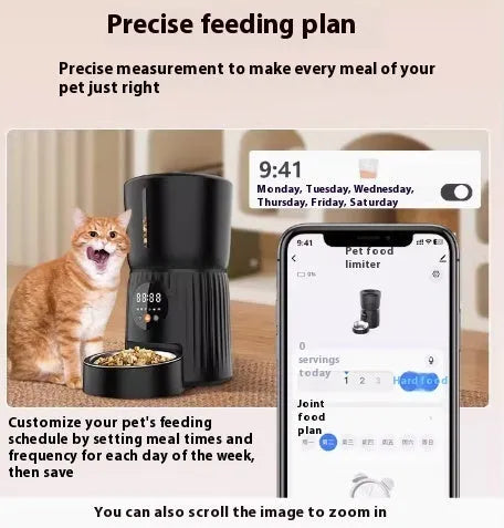 Black automatic pet feeder with digital display and food container showing portion control settings