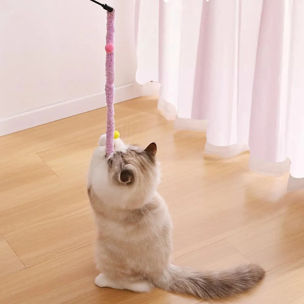 Interactive cat wand toy with colourful fluffy ball and bell on 60cm plush strip