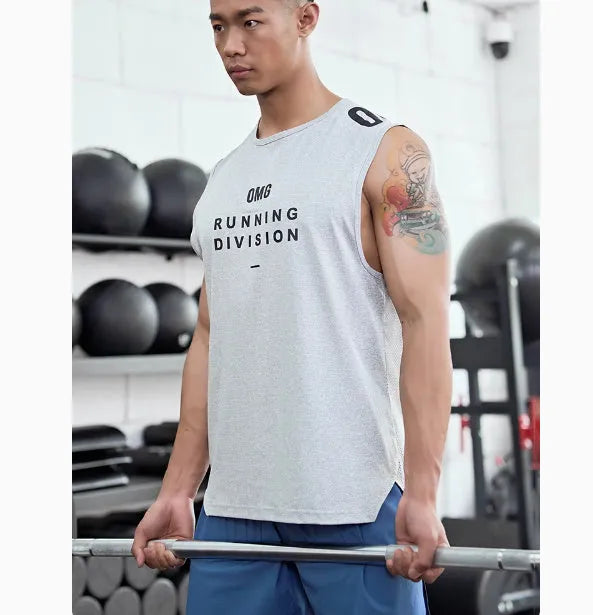 Men's loose fit mesh sports vest in black, blue, grey, or white