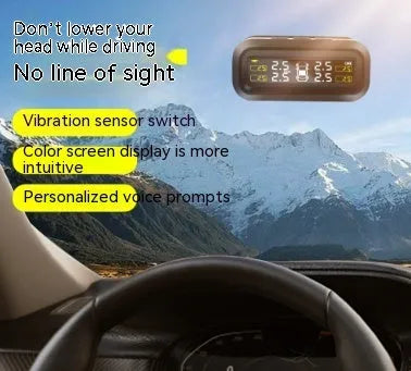 Solar wireless car tyre pressure monitoring system with colour screen and four sensors on a dashboard