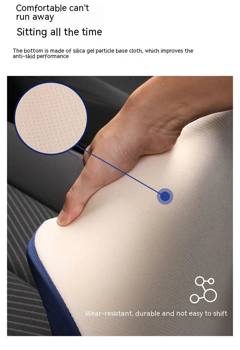 Black car seat cushion for heightening and comfort, shown on a vehicle seat.