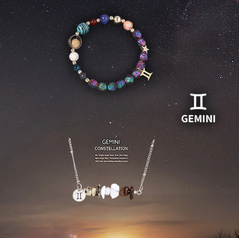 Natural stone necklace and bracelet set on display showing zodiac sign style options