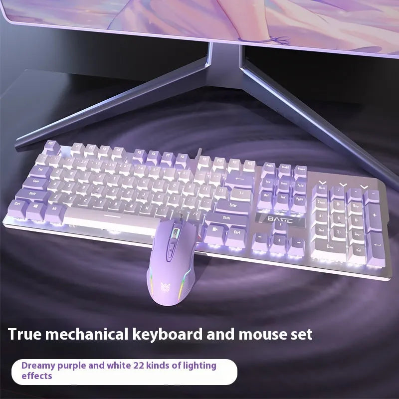 White and purple mechanical keyboard and mouse wired combo set with backlight illumination