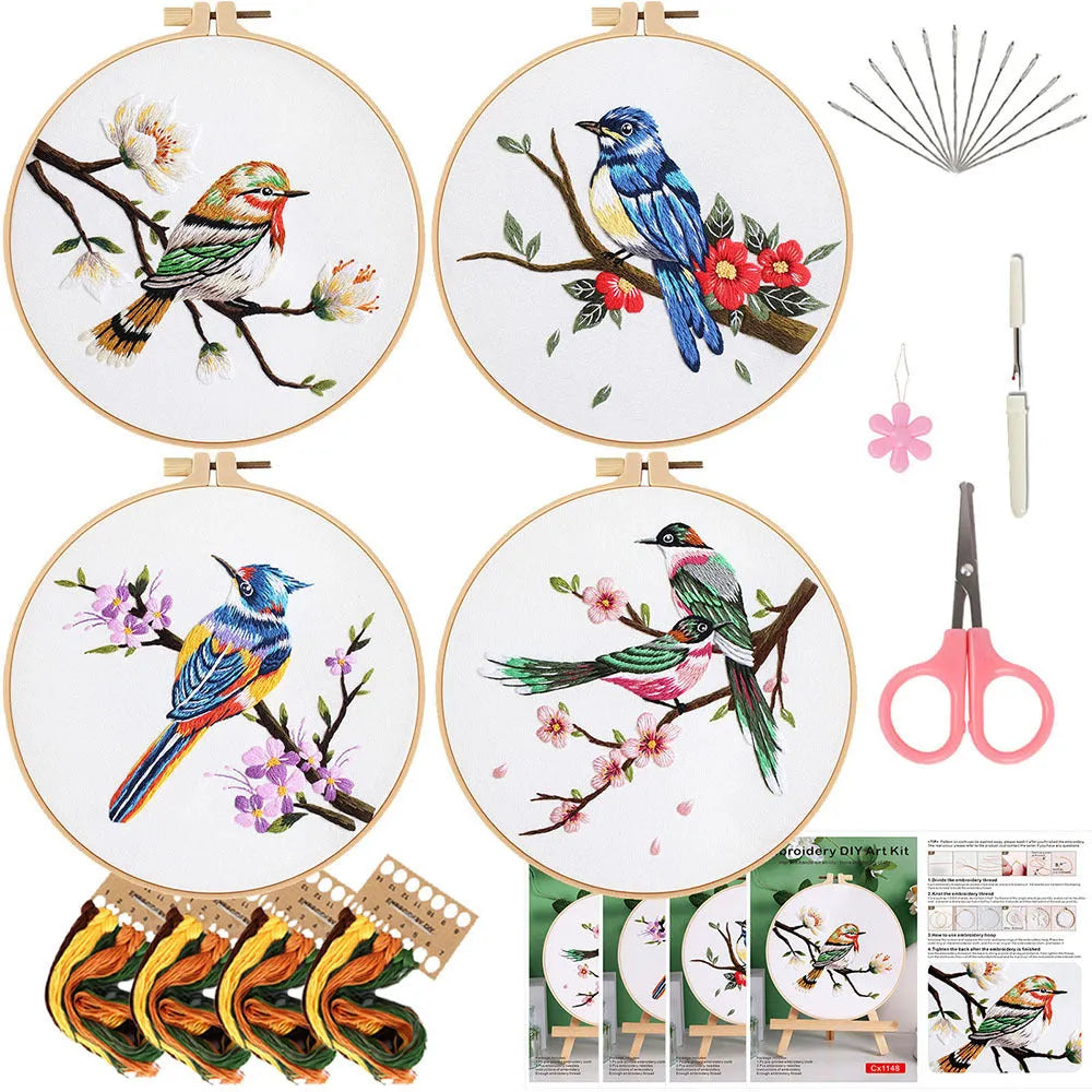 Flower and bird hanging painting embroidery DIY kit with chintz fabric, threader, scissors, and 20cm bamboo frame