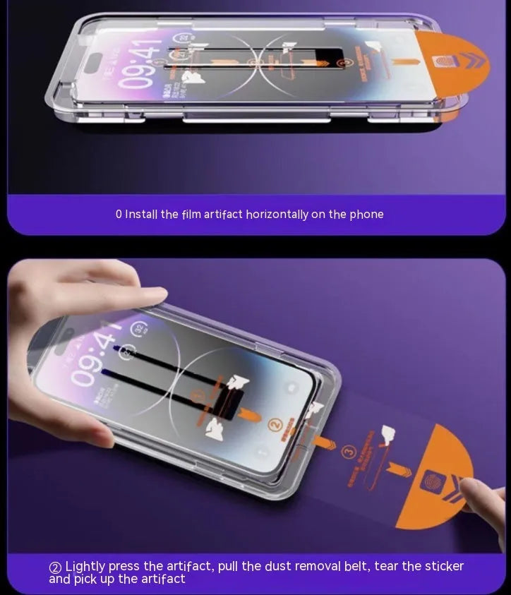 Dust-free warehouse tempered glass screen protector for iPhone showing HD and peep-proof privacy options