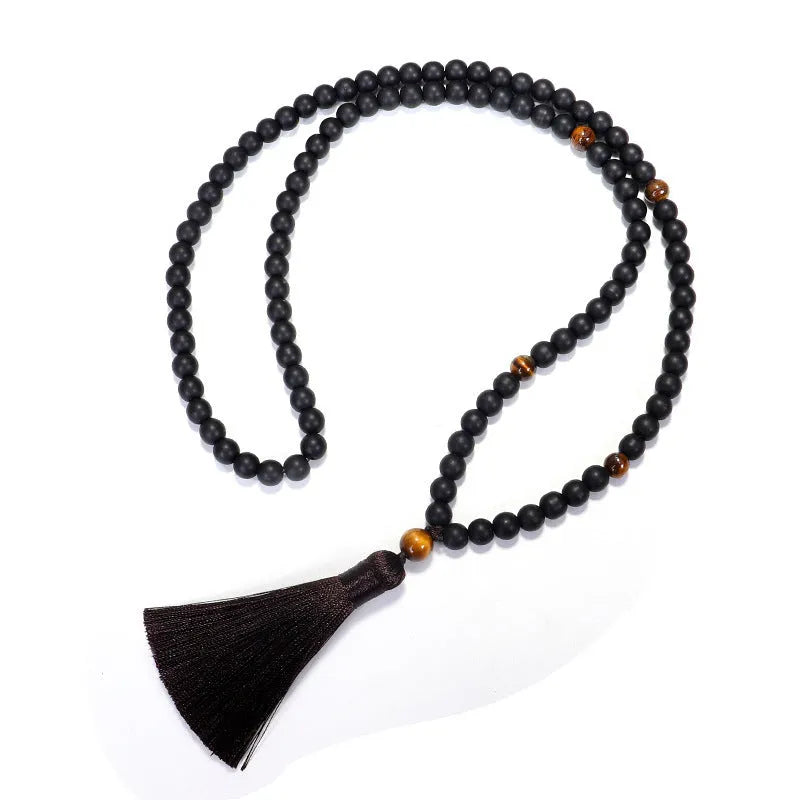 Beaded tigereye stone bracelet and necklace set with 108 beads and tassel pendant