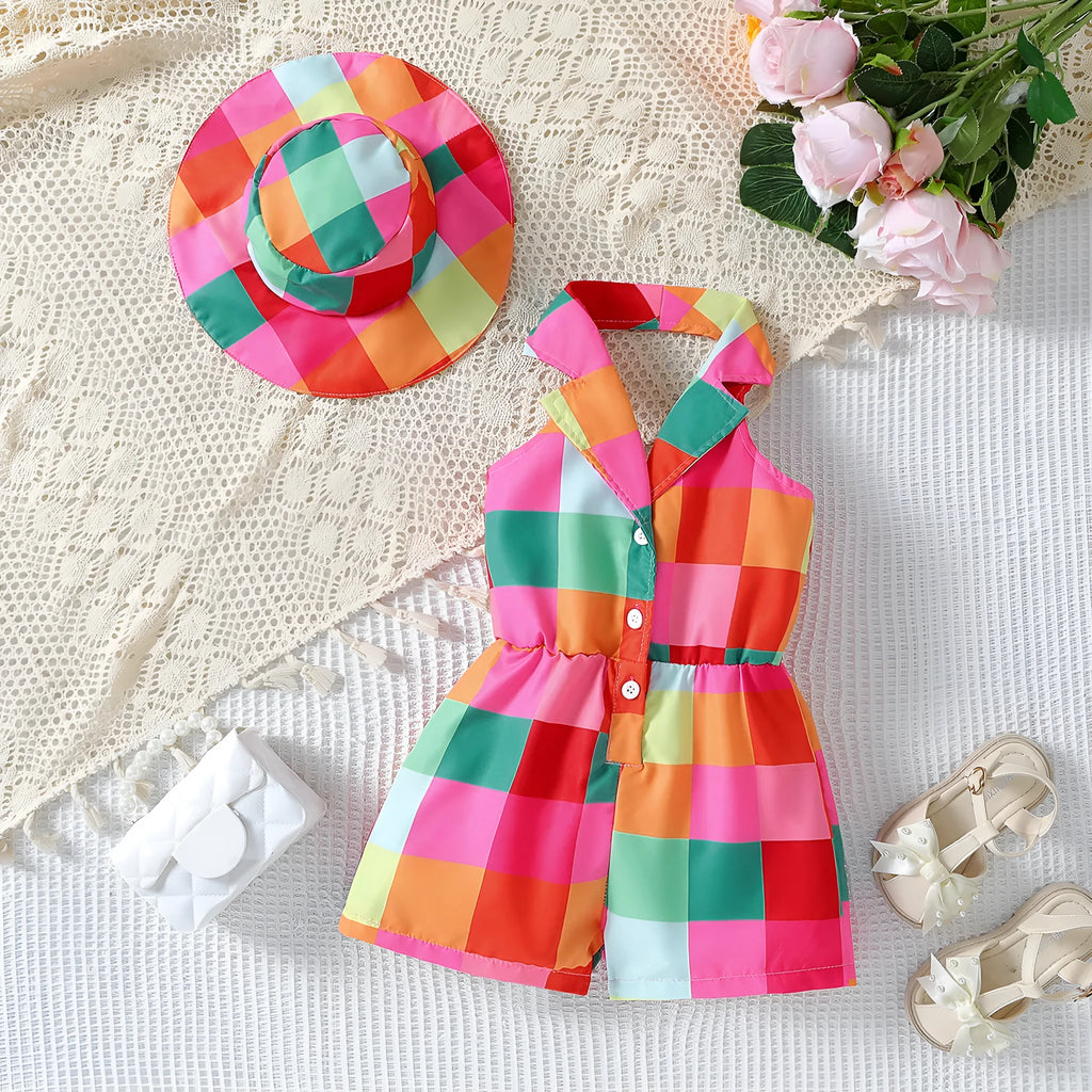 Girls' woven halter backless plaid princess dress in orange red with matching hat on child aged 4–7 years