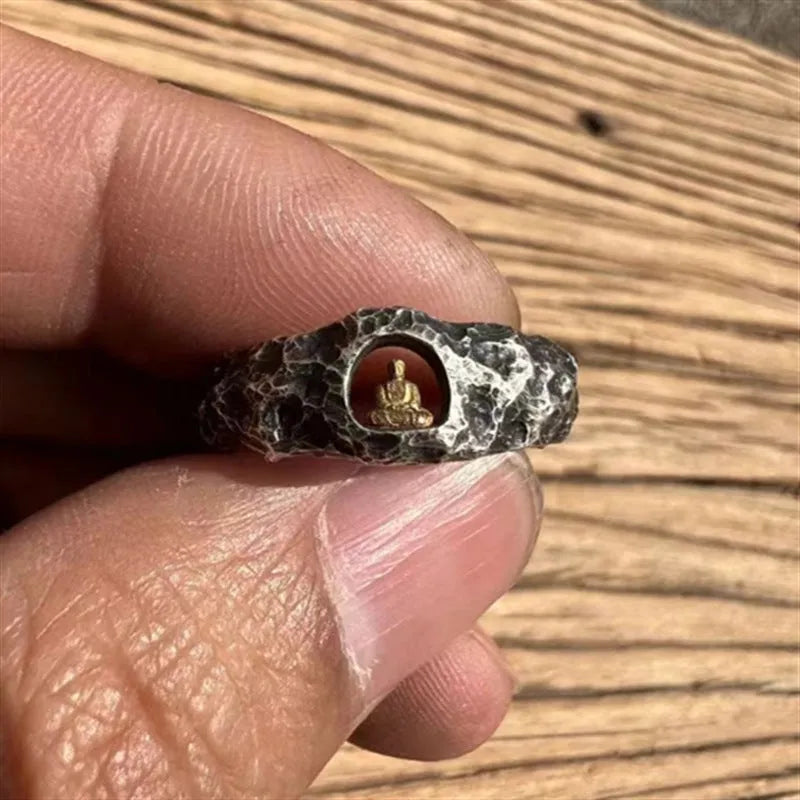 Hand-forged copper Grotto Buddha ring with rock texture, shown in size No. 8