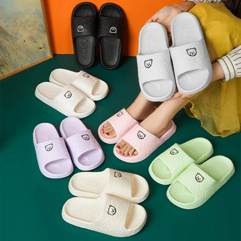 Cute bear slippers with non-slip thick soles in light purple, EVA upper, indoor bedroom bathroom footwear