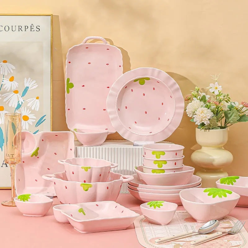 Strawberry pattern ceramic dinnerware set with flower bowls, straw hat plate, and twist spoon