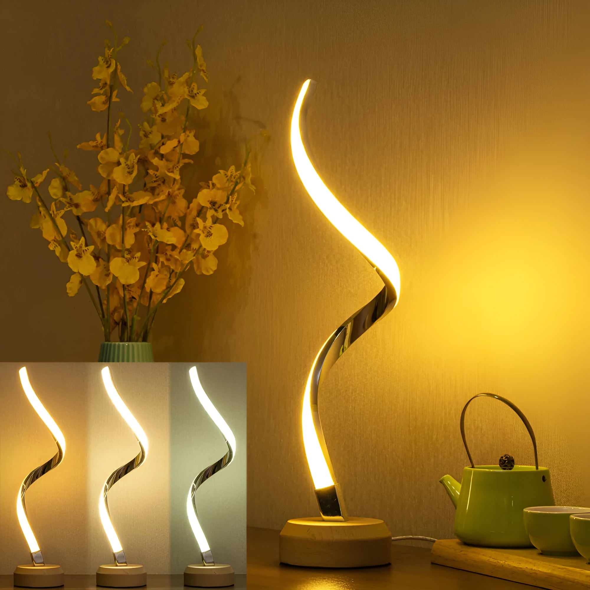 LED spiral table lamp with wooden curved base and USB cable, glowing warm white light