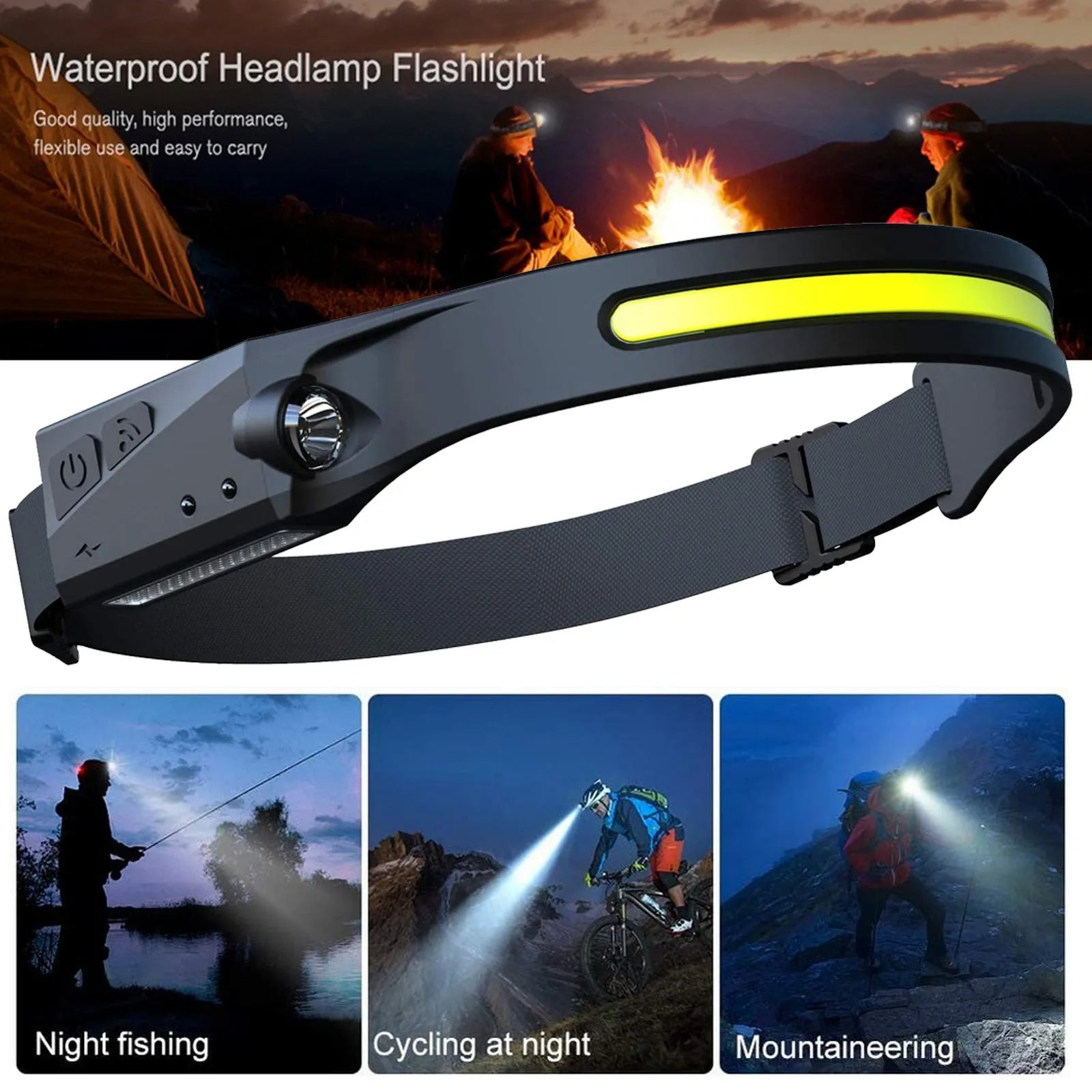 COB LED induction headlamp with wide beam and side LED for long-distance lighting, USB rechargeable, silicone build