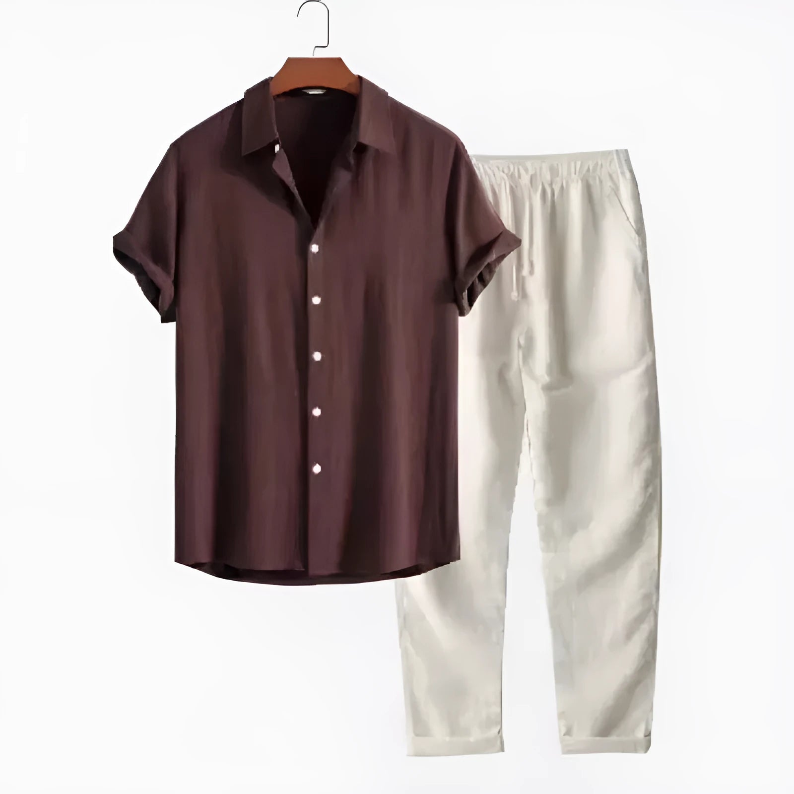 Men's casual loose fit polyester linen shirt and trousers suit in multiple colour options