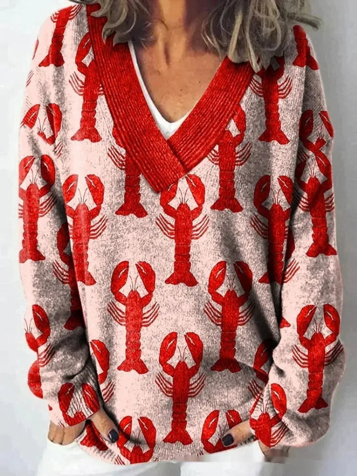 Women's art retro V-neck sweatshirt with a detailed 3D floral pattern print on long sleeves.
